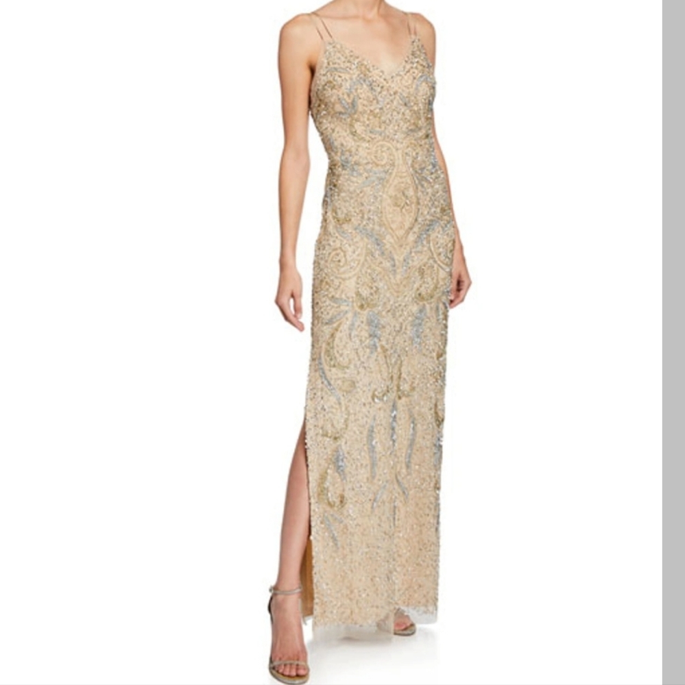 Aidan Mattox Beaded V-Neck Sleeveless Column Dress, light gold, large